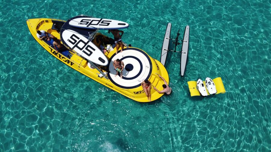 Ibiza: Beach and Cave Boat Tour with Luxury Water Toys - Leaving San Antonio with the captain