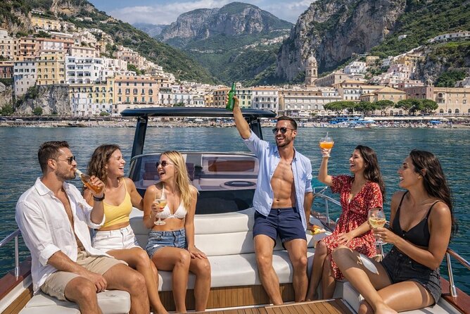 Luxury Amalfi Coast Boat Tour with Swim & Prosecco – Small Group - Views toward Praiano, Furore, and Positano