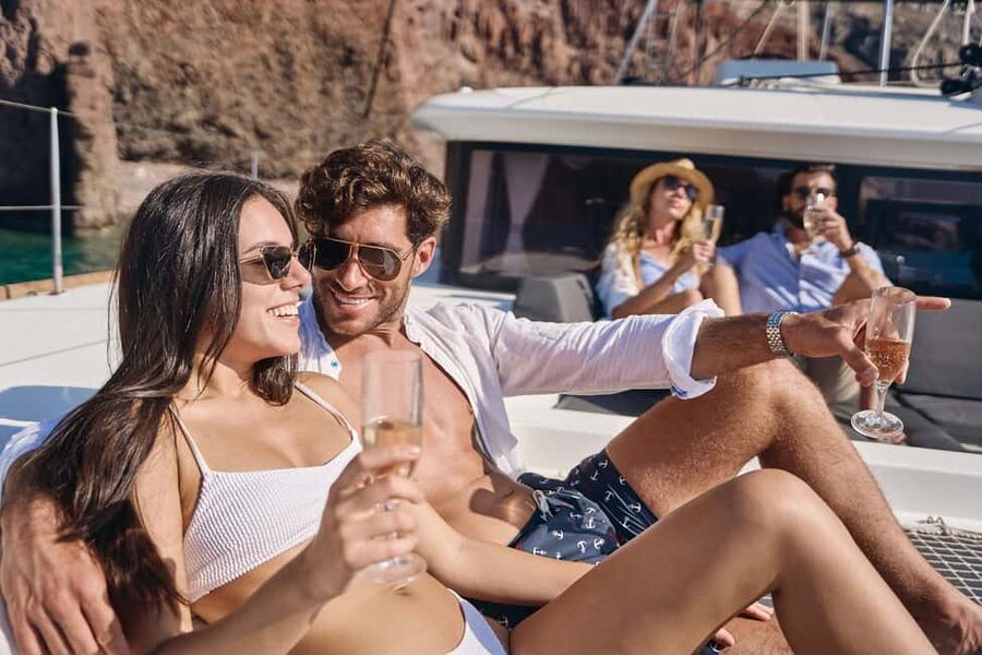 Santorini: Caldera Luxury Catamaran Cruise w/ Meal & Drinks - White Beach and Mesa Pigadia show another side of the island