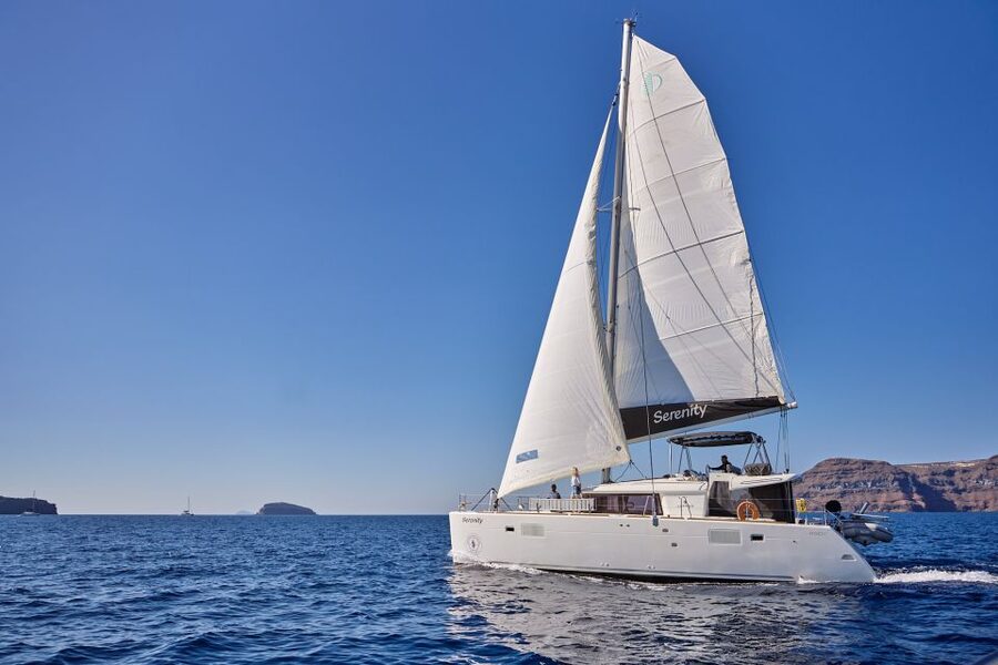 Santorini: Day Luxury Catamaran Cruise with Meal & Drinks - Thirassia Island is the first real pause