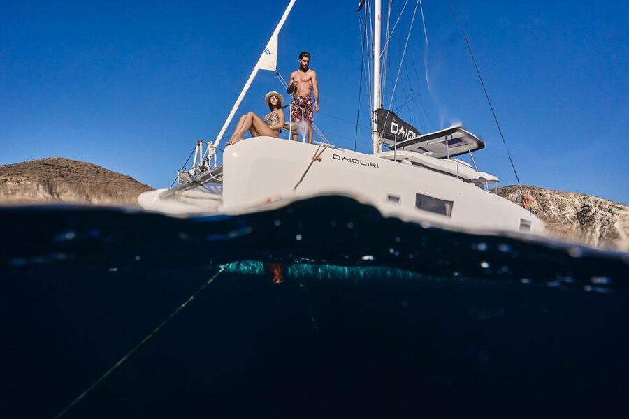 Santorini: Day Luxury Catamaran Cruise with Meal & Drinks - Fira’s Old Harbor gives you the postcard view from below