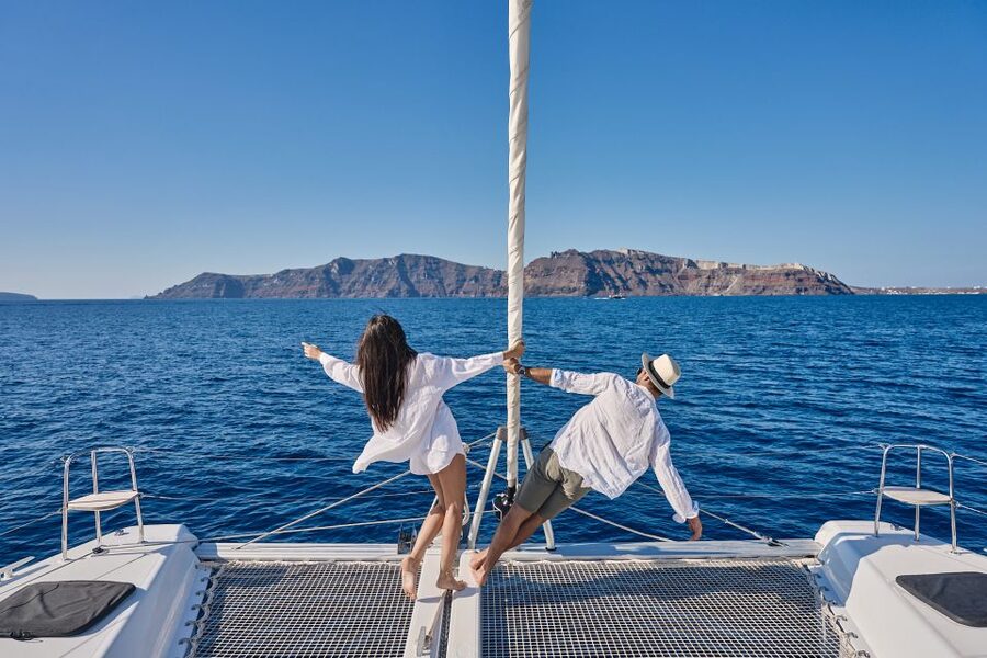 Santorini: Day Luxury Catamaran Cruise with Meal & Drinks - What the boat setup means for your comfort