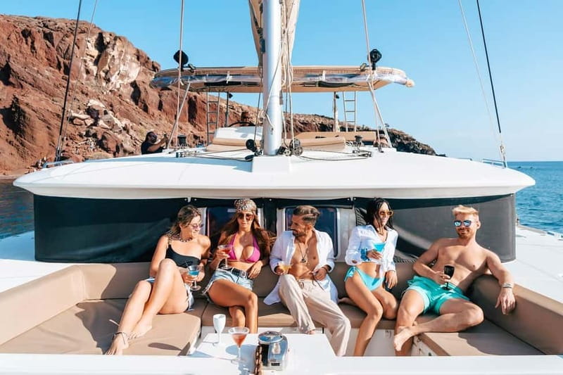 Santorini: Luxury Catamaran Cruise with Lunch, BBQ & Drinks - Indian Rocks and the Venetian Lighthouse